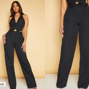 Pretty Little Thing Black Pleated Suit Wide Leg Pants Trousers Slacks Business